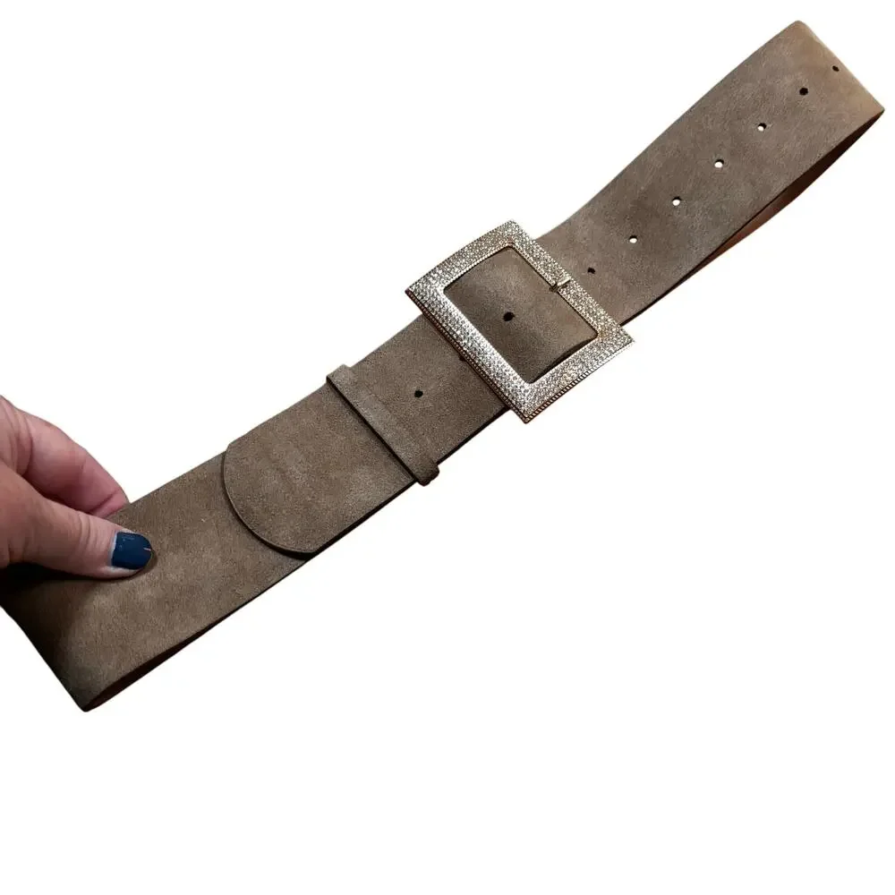 Wide ladies faux suede fashion belt rose gold buckle & clear white rhinestones